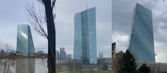 Three views of the European Central Bank building in Frankfurt, Germany