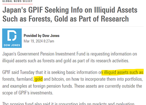 Dow Jones' report on Japan's government pension fund wanting information on alternative assets, 19 March 2024