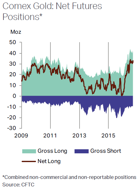 Chart of Comex futures speculative positioning 2010-2016, Precious Metals Investment Focus 2016/17