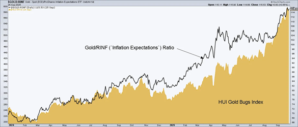 A chart displaying the Gold/RINF ratio and the HUI Gold Bugs Index over time, illustrating trends in gold and inflation expectations