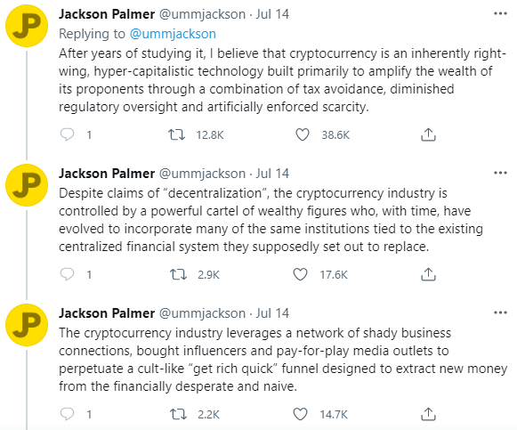 Tweets from Dogecoin co-founder Jackson Palmer