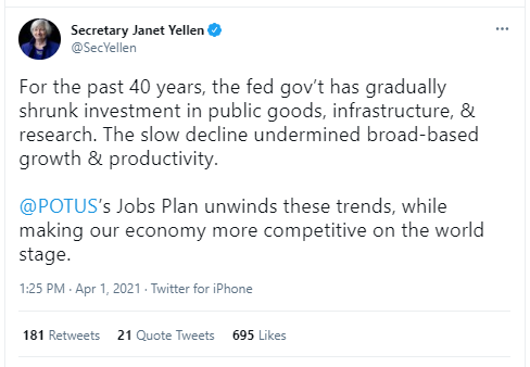 Tweet by Biden's Treasury Secretary Janet Yellen Tweet by Biden's Treasury Secretary Janet Yellen