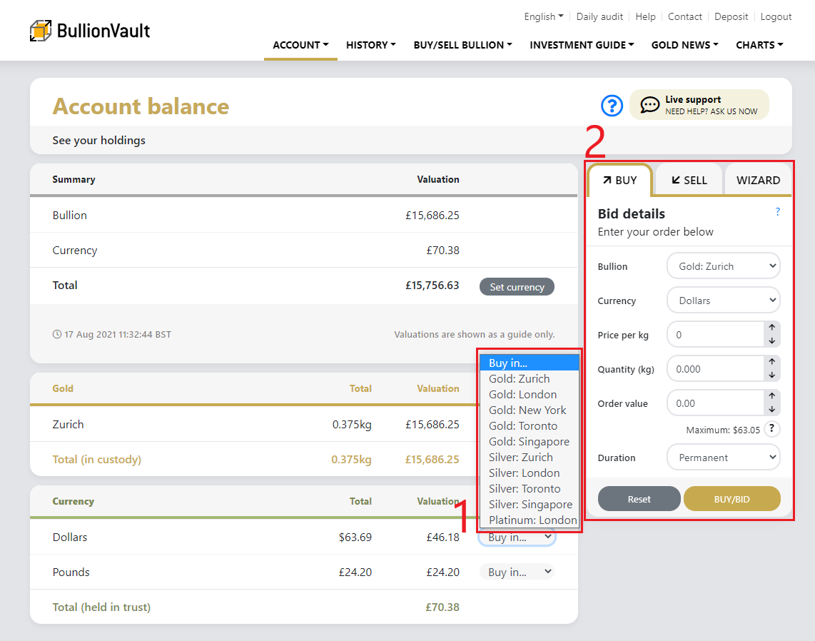 Account balance page and order panel for BullionVault users