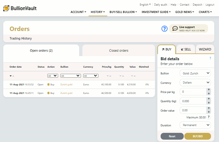 User Interface Account BullionVault