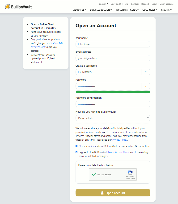 Open An Account BullionVault
